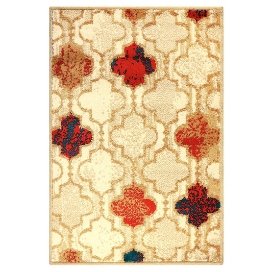 2' X 3' Beige Brown And Red Quatrefoil Distressed Area Rug