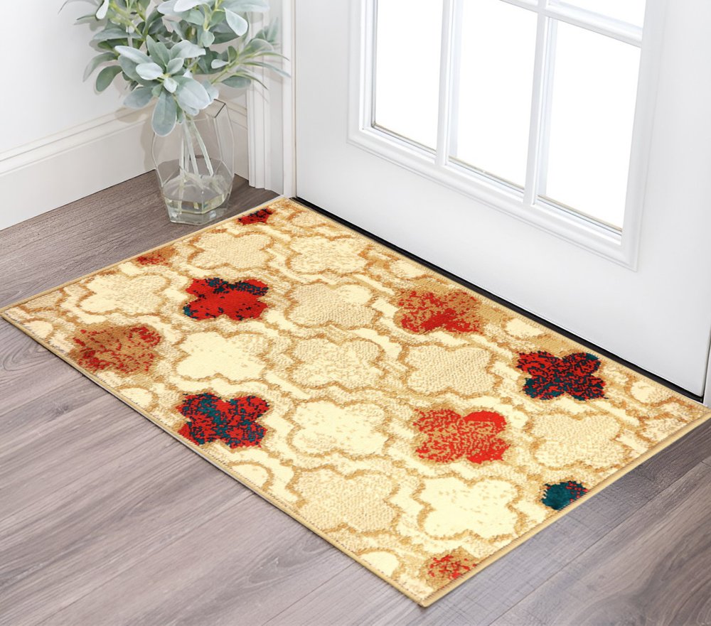 2' X 3' Beige Brown And Red Quatrefoil Distressed Area Rug