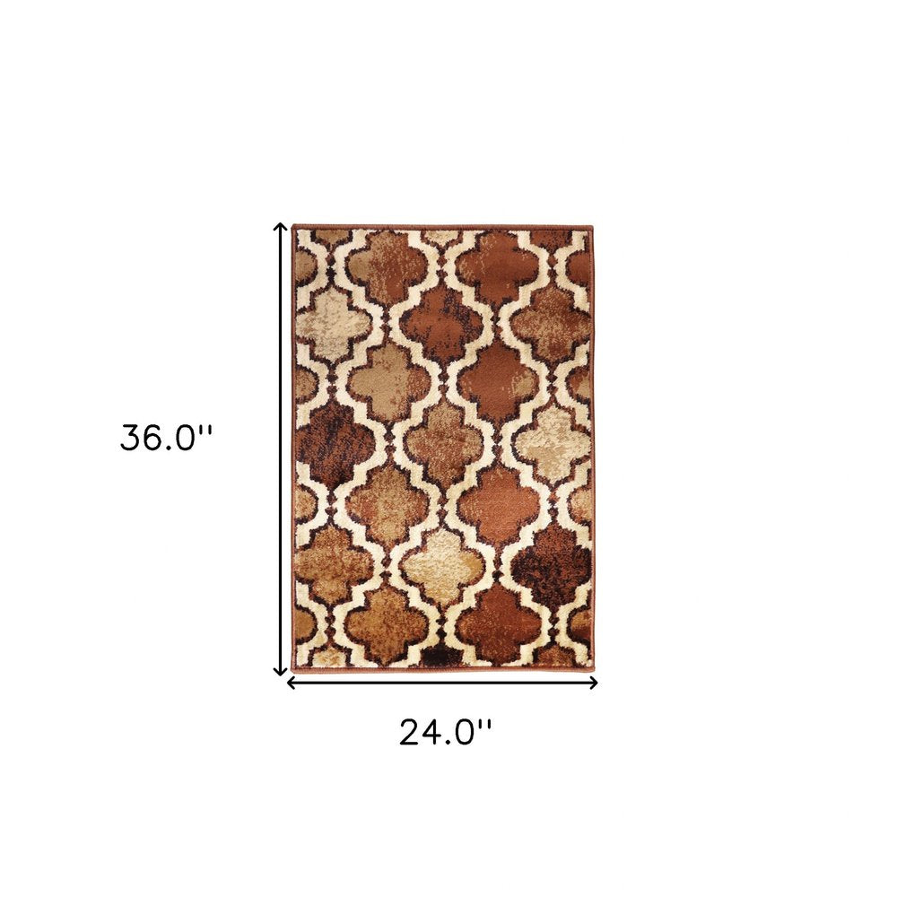2' X 3' Brown And Ivory Quatrefoil Distressed Area Rug