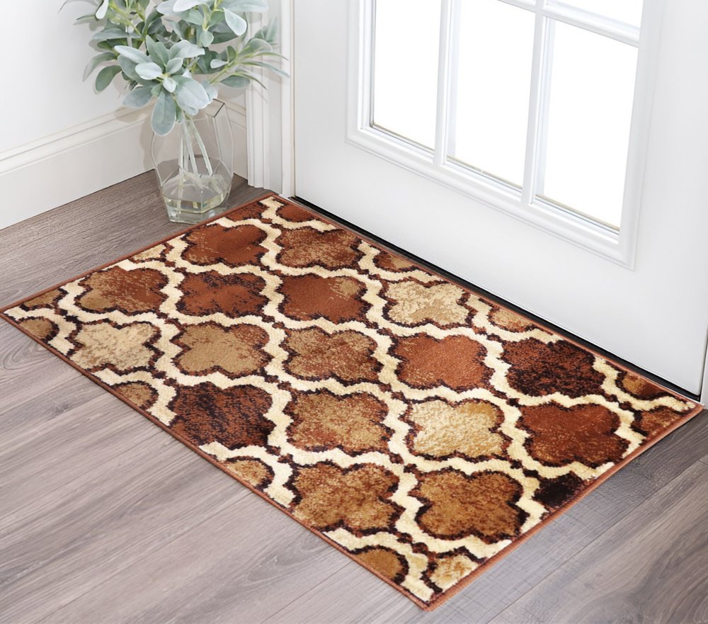 2' X 3' Brown And Ivory Quatrefoil Distressed Area Rug
