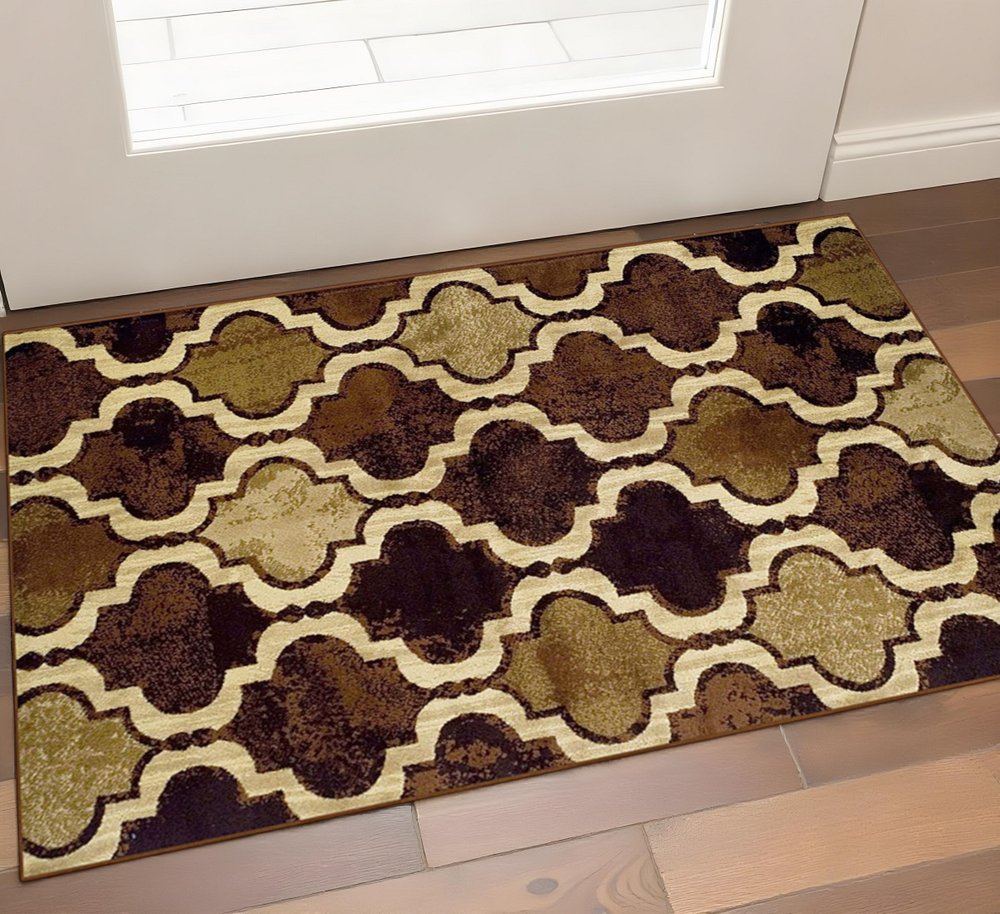 2' X 3' Coffee Beige And Black Quatrefoil Distressed Area Rug