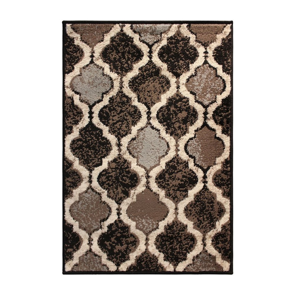 2' X 3' Brown Black And Ivory Quatrefoil Distressed Area Rug