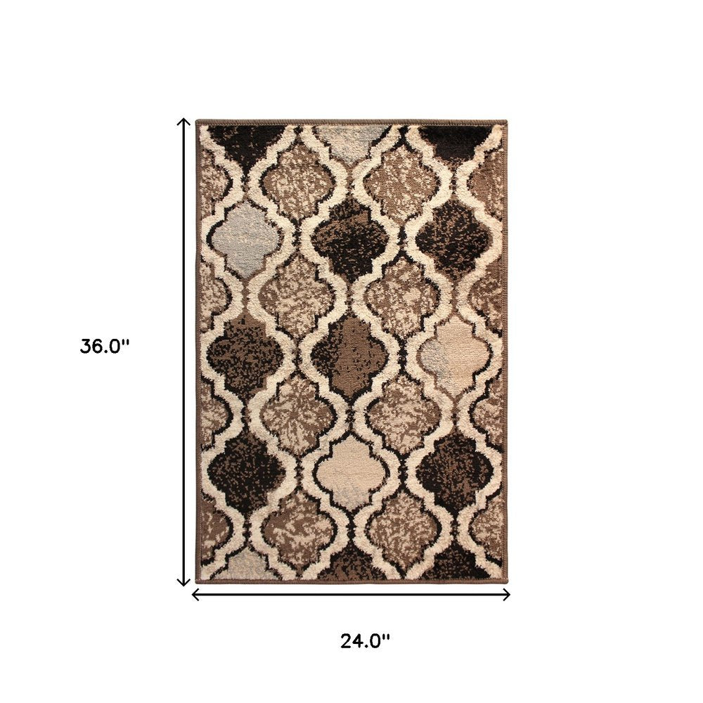 2' X 3' Ivory Brown And Black Quatrefoil Distressed Area Rug