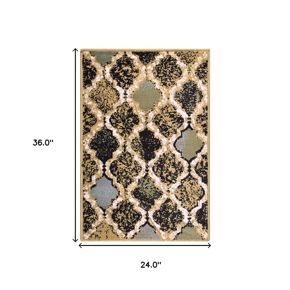 2' X 3' Black And Ivory Quatrefoil Distressed Area Rug
