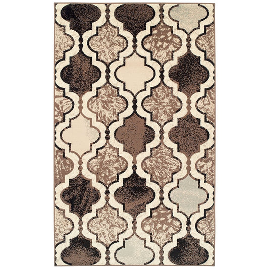 3' X 5' Ivory Brown And Black Quatrefoil Distressed Area Rug