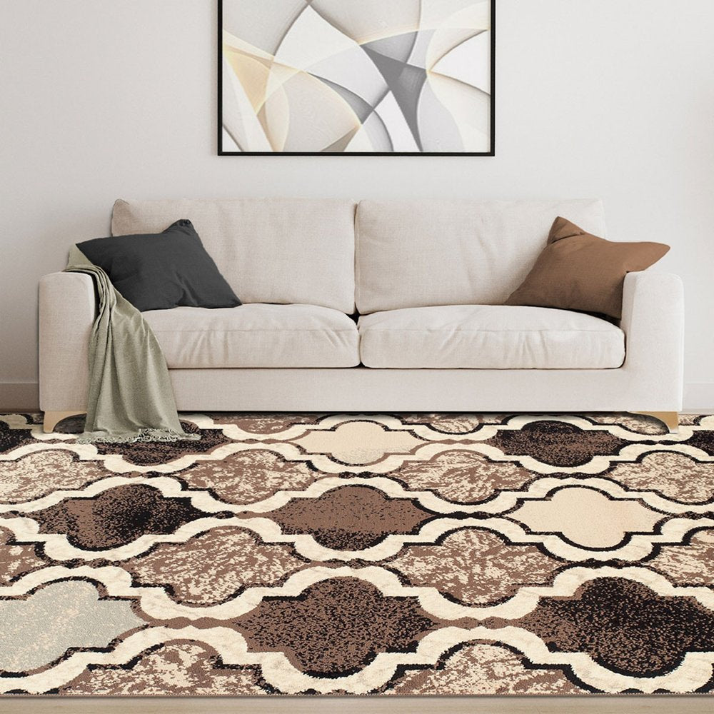 3' X 5' Ivory Brown And Black Quatrefoil Distressed Area Rug