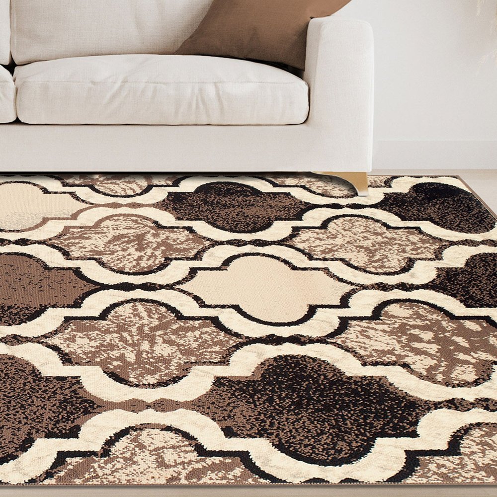 3' X 5' Ivory Brown And Black Quatrefoil Distressed Area Rug