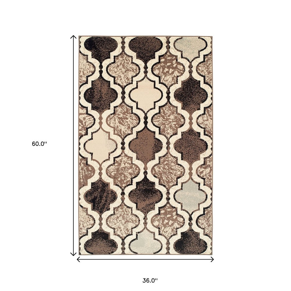 3' X 5' Ivory Brown And Black Quatrefoil Distressed Area Rug