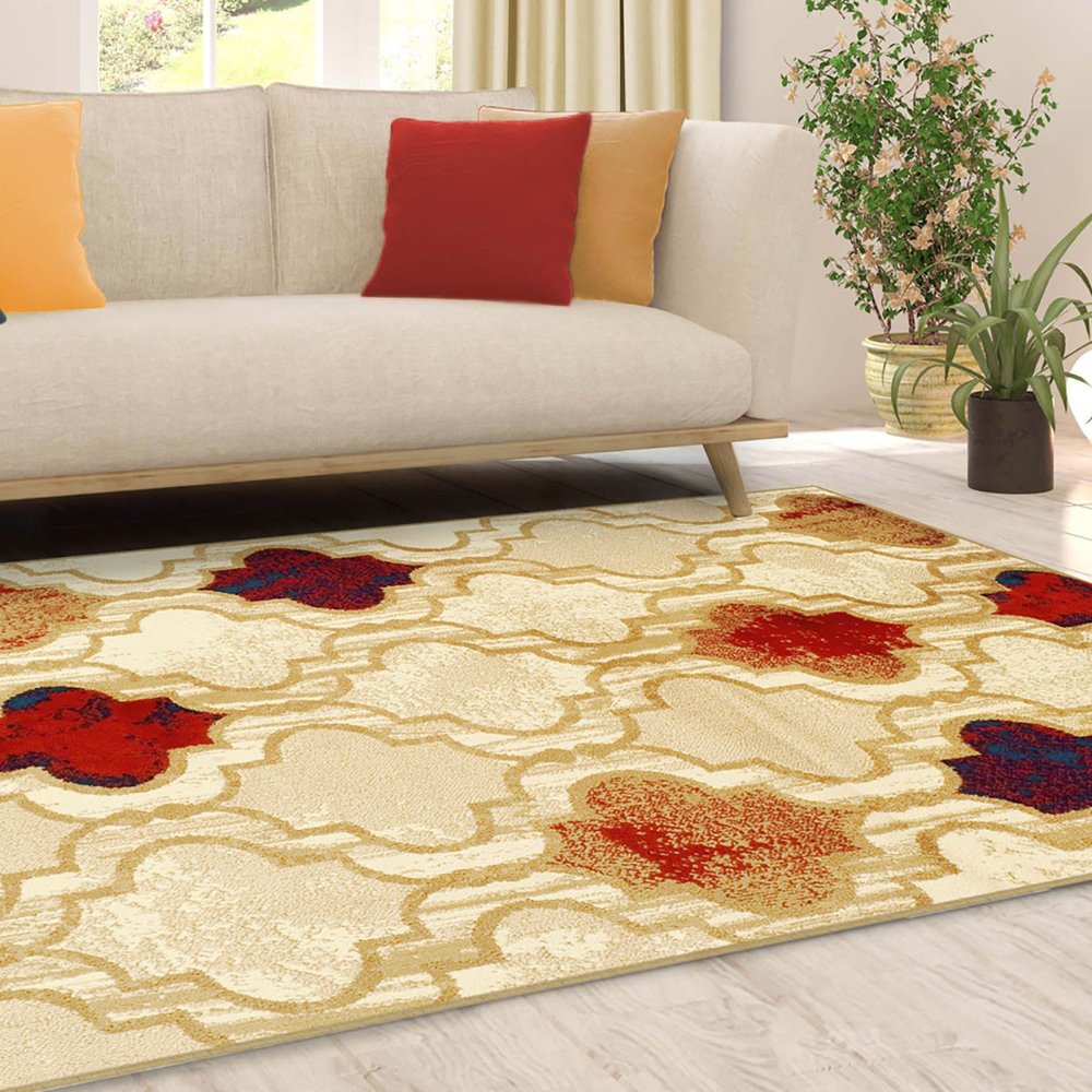 5' X 8' Beige Brown And Red Quatrefoil Distressed Area Rug