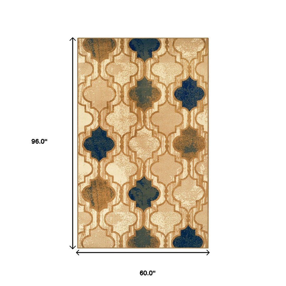 5' X 8' Cream Brown And Teal Quatrefoil Distressed Area Rug