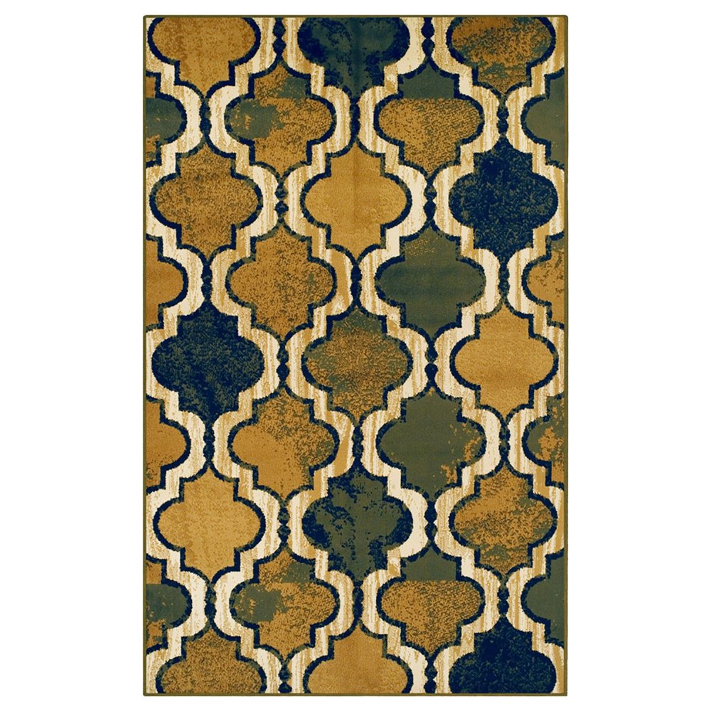 5' X 8' Green Brown And Ivory Quatrefoil Distressed Area Rug