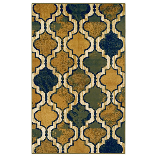 5' X 8' Green Brown And Ivory Quatrefoil Distressed Area Rug