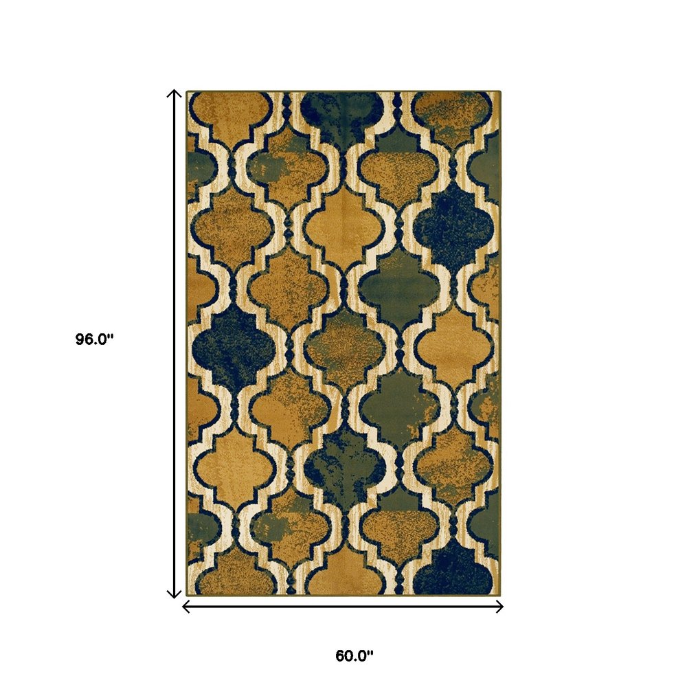 5' X 8' Green Brown And Ivory Quatrefoil Distressed Area Rug
