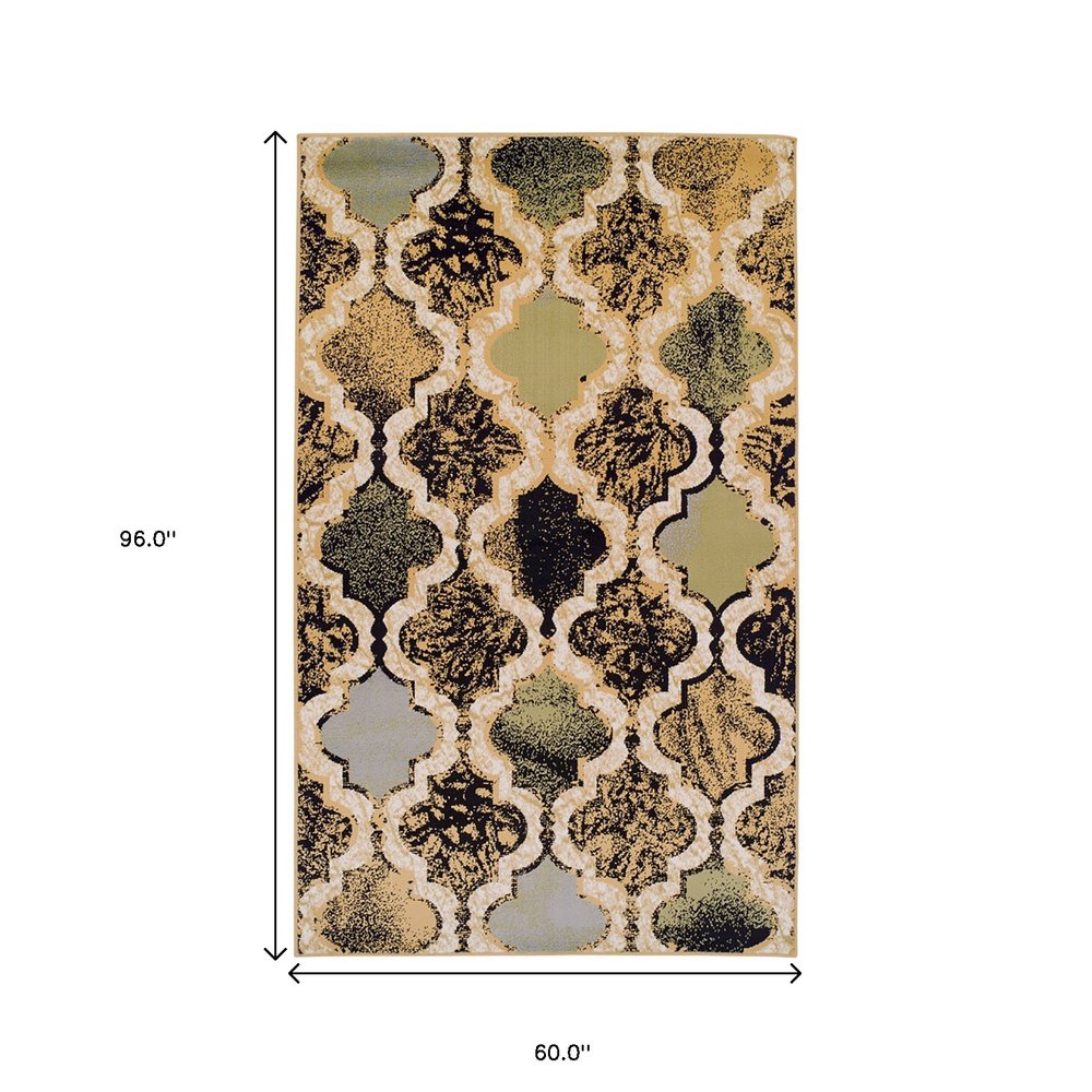5' X 8' Black And Ivory Quatrefoil Distressed Area Rug