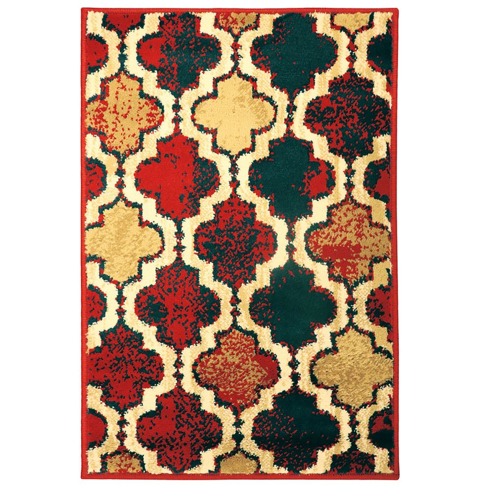 5' X 8' Blue And Red Quatrefoil Distressed Area Rug