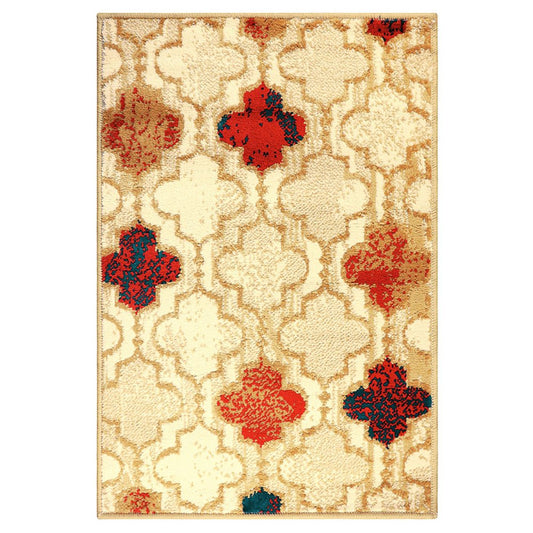 8' X 10' Beige Brown And Red Quatrefoil Distressed Area Rug