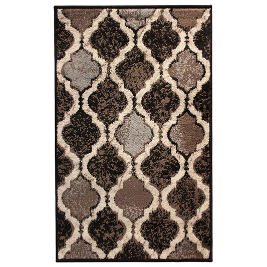 8' X 10' Brown Black And Ivory Quatrefoil Distressed Area Rug