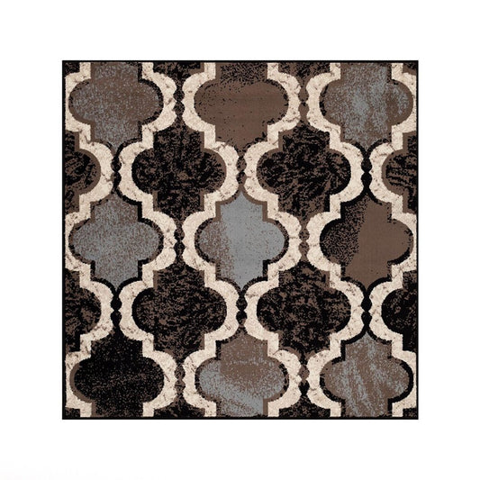 8' Brown Black And Ivory Quatrefoil Distressed Square Rug