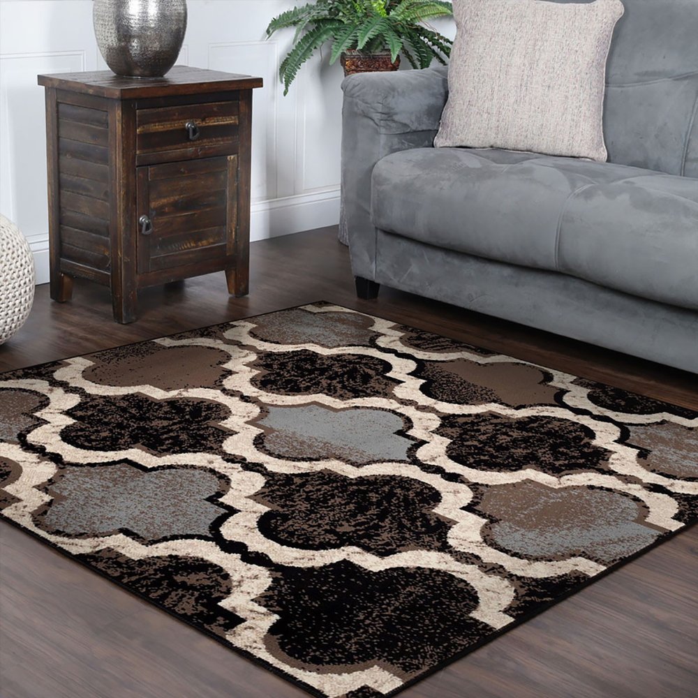 8' Brown Black And Ivory Quatrefoil Distressed Square Rug
