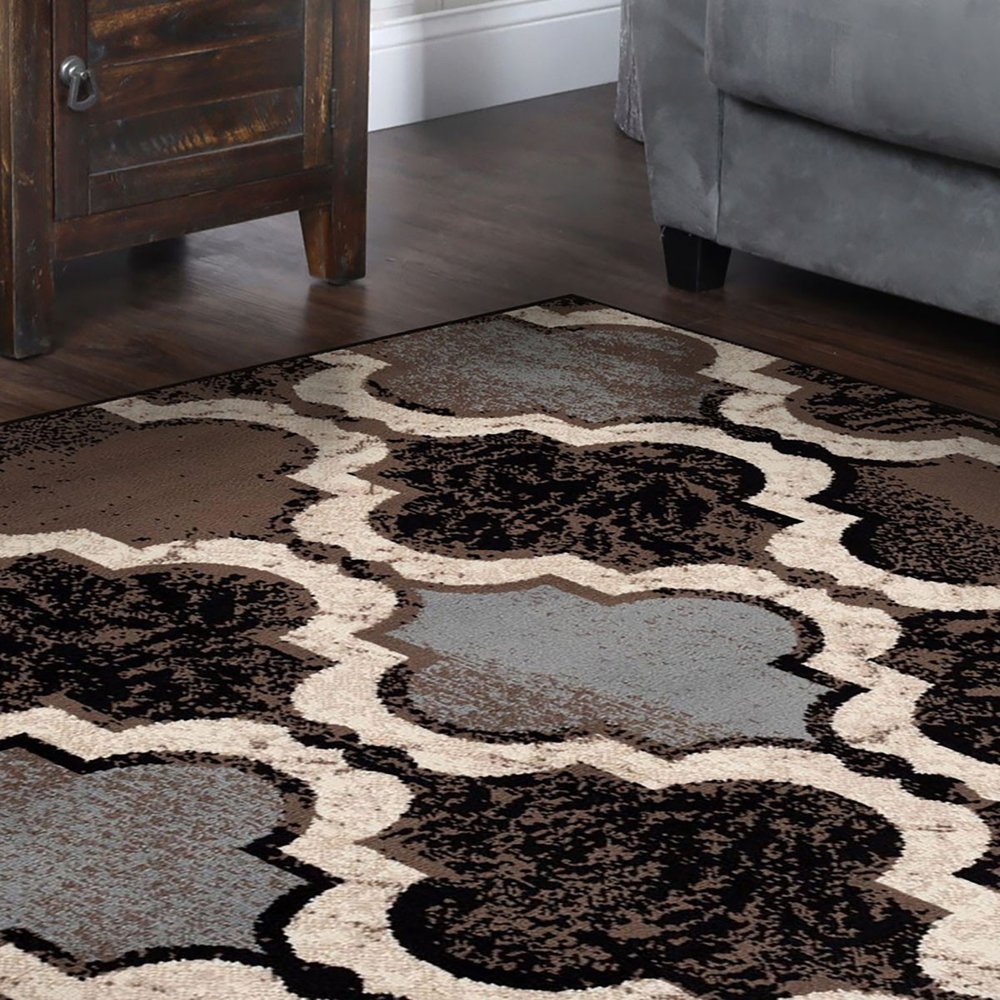 8' Brown Black And Ivory Quatrefoil Distressed Square Rug