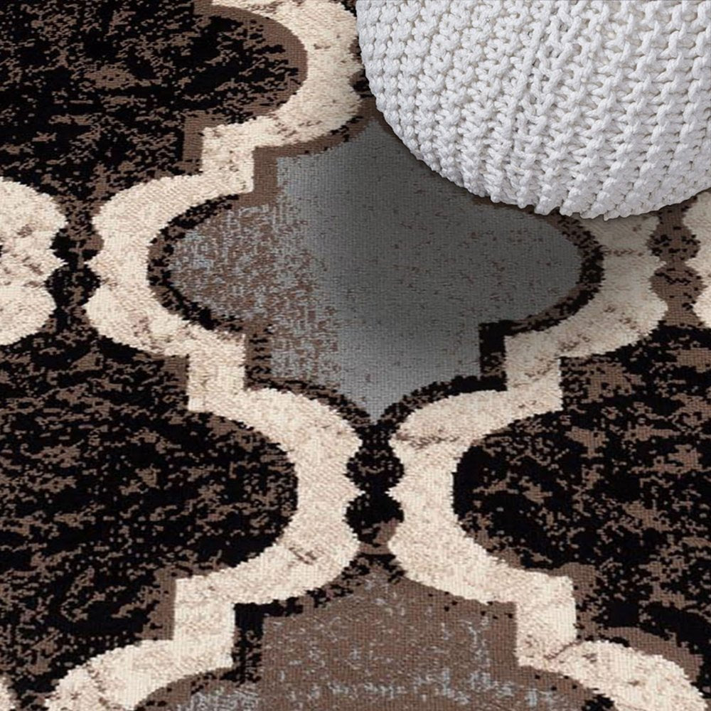 8' Brown Black And Ivory Quatrefoil Distressed Square Rug