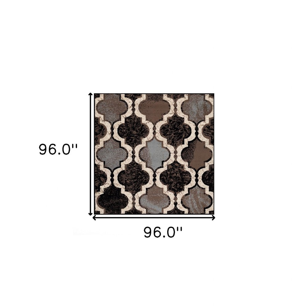 8' Brown Black And Ivory Quatrefoil Distressed Square Rug