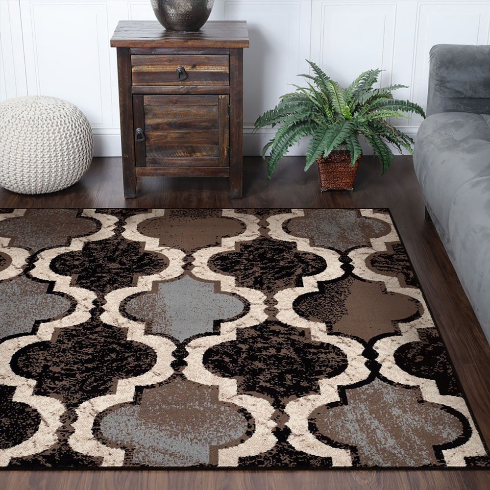 8' Brown Black And Ivory Quatrefoil Distressed Square Rug