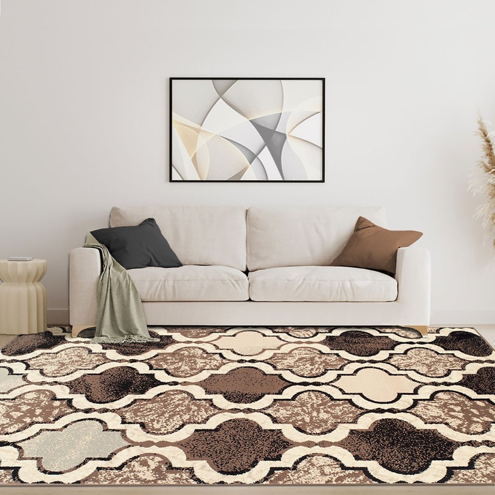 9' X 12' Ivory Brown And Black Quatrefoil Distressed Area Rug