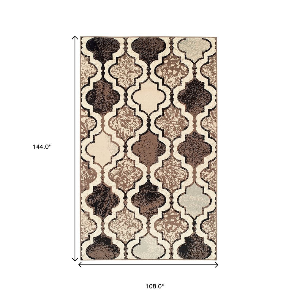 9' X 12' Ivory Brown And Black Quatrefoil Distressed Area Rug