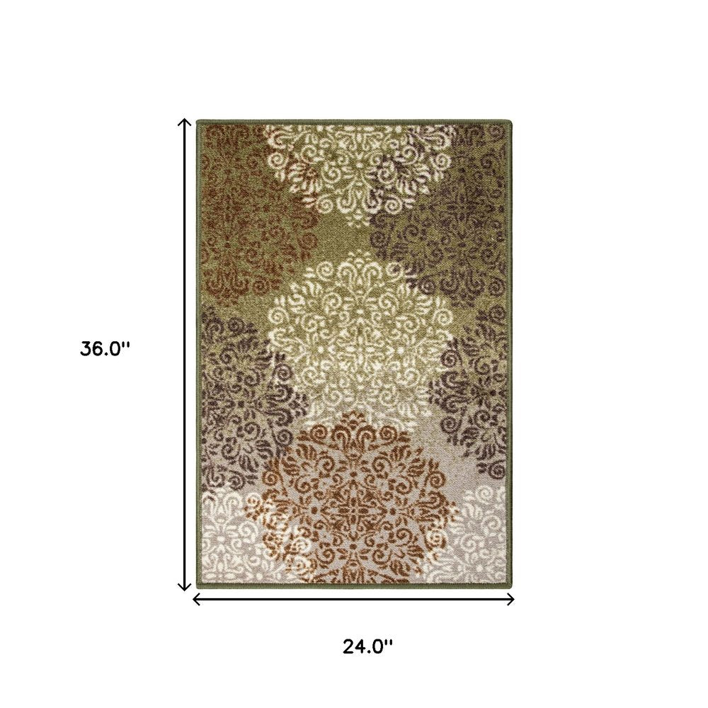 2' X 3' Brown Green And Ivory Floral Medallion Area Rug