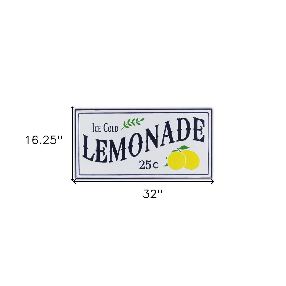 16" X 32" Blue and White Ice Cold Lemonade Metal Wall Decor