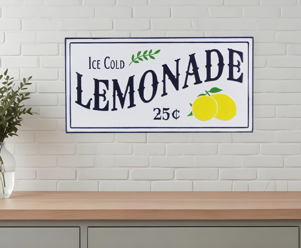 16" X 32" Blue and White Ice Cold Lemonade Metal Wall Decor