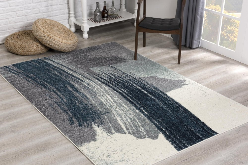 10' Blue And White Abstract Shag Runner Rug