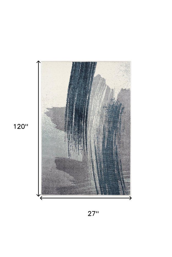 10' Blue And White Abstract Shag Runner Rug