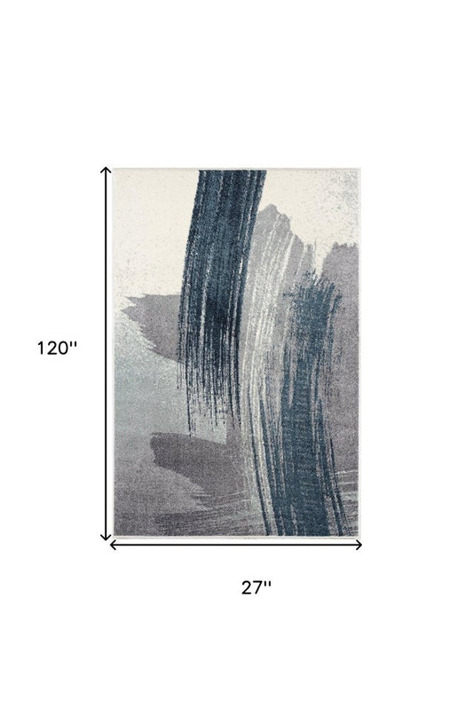 10' Blue And White Abstract Shag Runner Rug