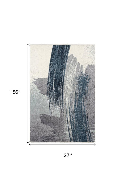 13' Blue And White Abstract Shag Runner Rug