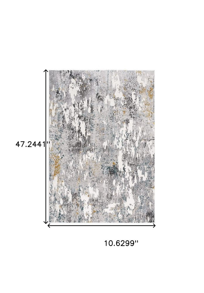 10' Gray And White Abstract Shag Runner Rug