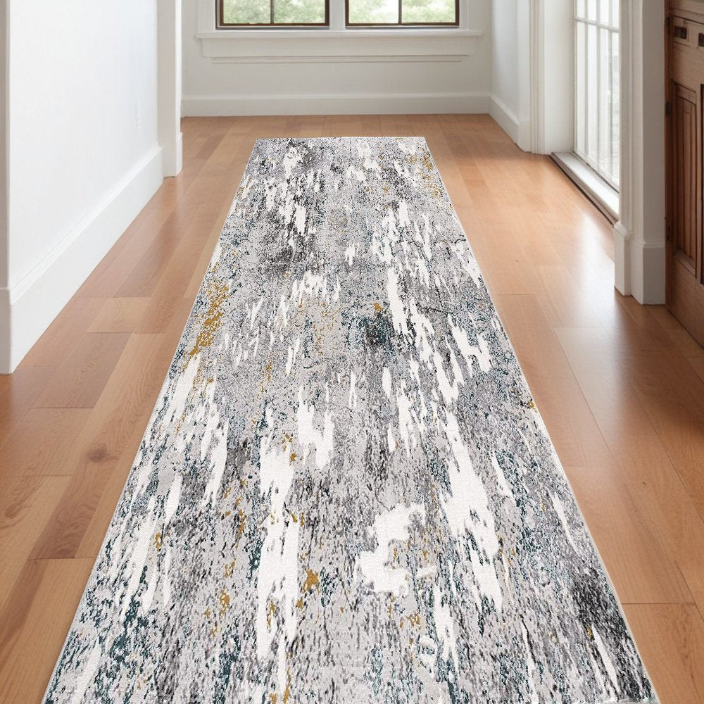10' Gray And White Abstract Shag Runner Rug