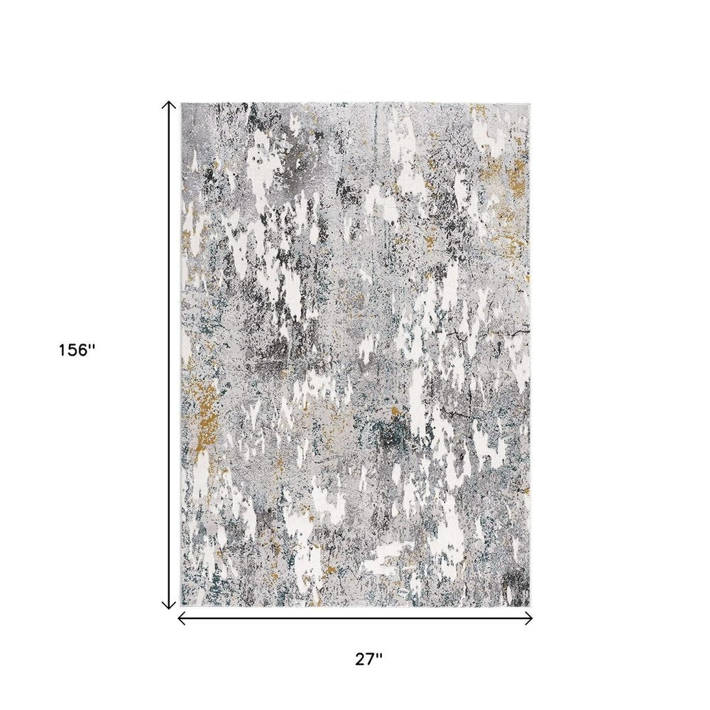 13' Gray And White Abstract Shag Runner Rug