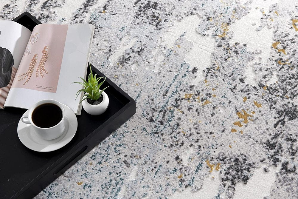 13' Gray And White Abstract Shag Runner Rug