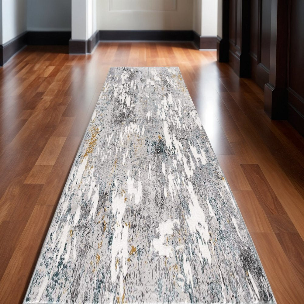 13' Gray And White Abstract Shag Runner Rug