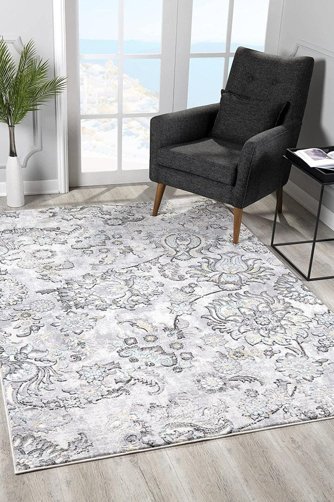 10' Gray And Ivory Floral Shag Runner Rug