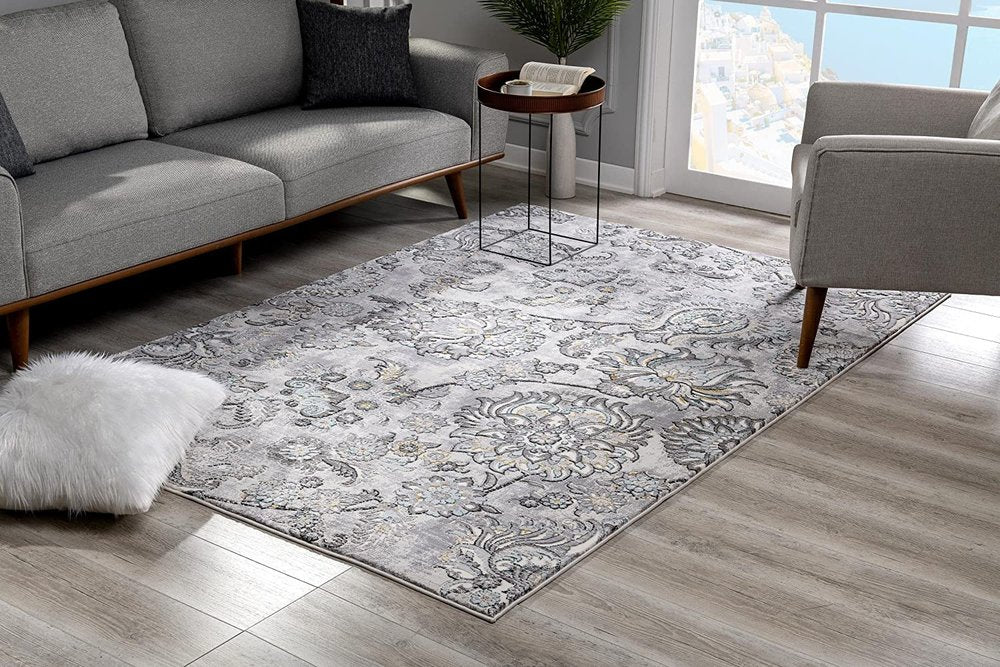 10' Gray And Ivory Floral Shag Runner Rug