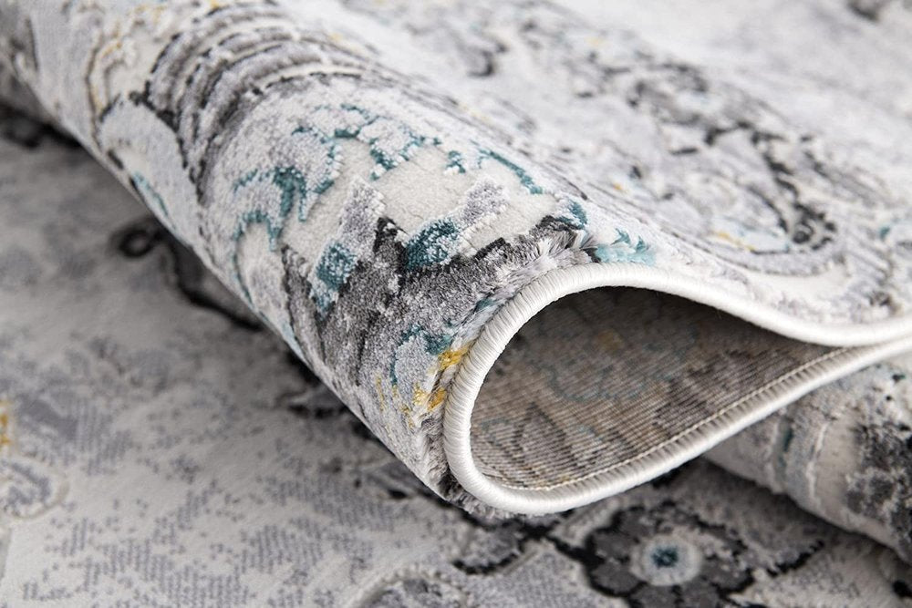 10' Gray And Ivory Floral Shag Runner Rug