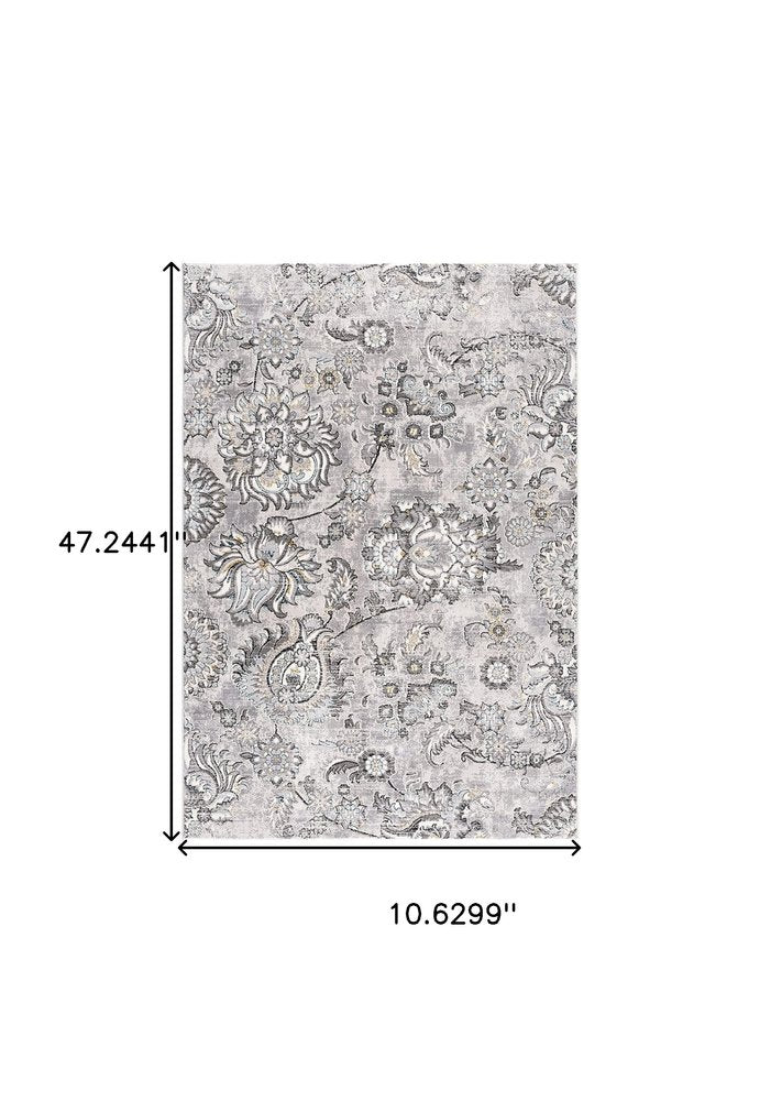 10' Gray And Ivory Floral Shag Runner Rug