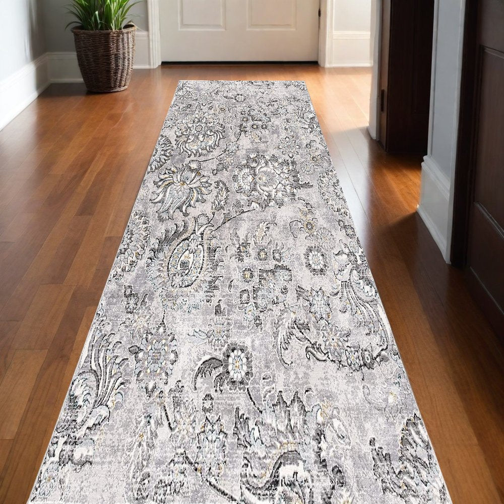 10' Gray And Ivory Floral Shag Runner Rug