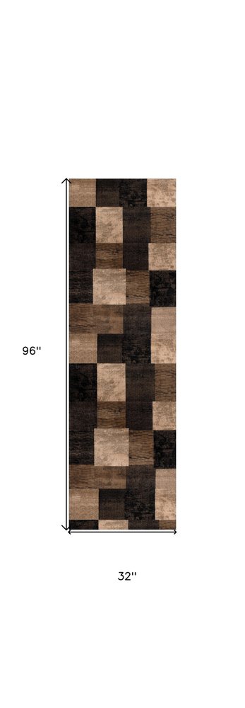 8' Brown Black and Tan Geometric Power Loom Runner Rug