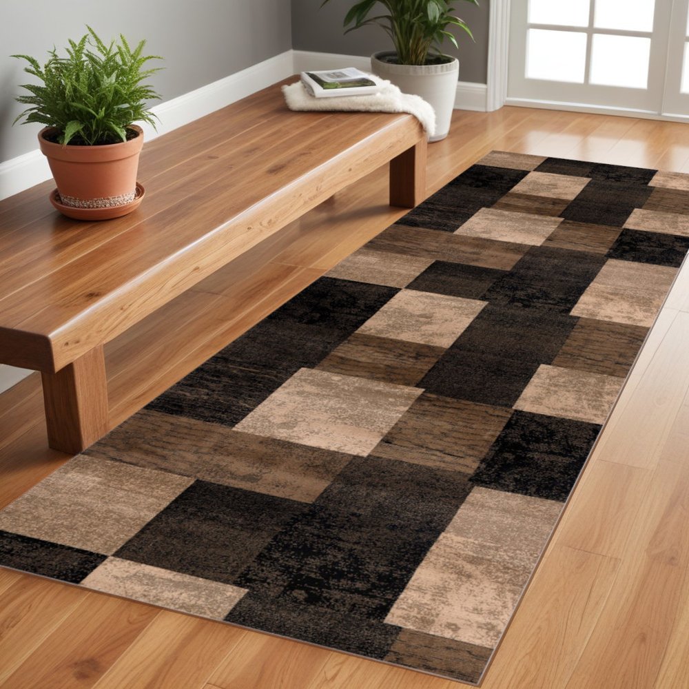 8' Brown Black and Tan Geometric Power Loom Runner Rug