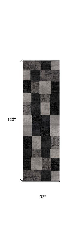 10' Gray and Black Geometric Power Loom Distressed Runner Rug