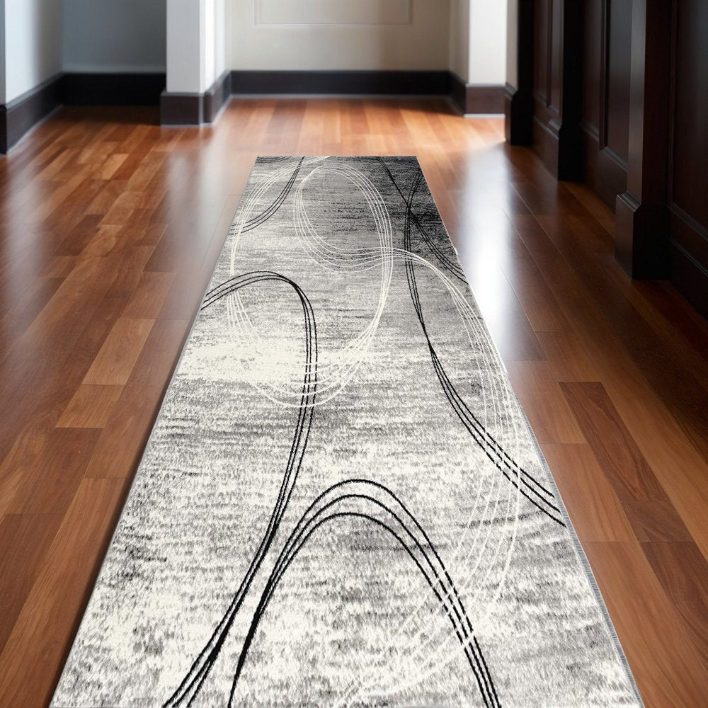 10' Gray And Ivory Abstract Shag Runner Rug